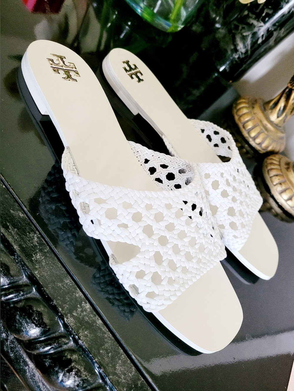 Tory Burch Goat Leather Purity White Woven Slide Mule Sandals US 9 - Picture 6 of 16